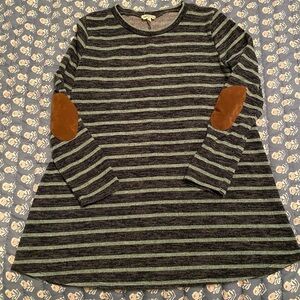 Navy blue and light blue striped elbow patch tunic sweater